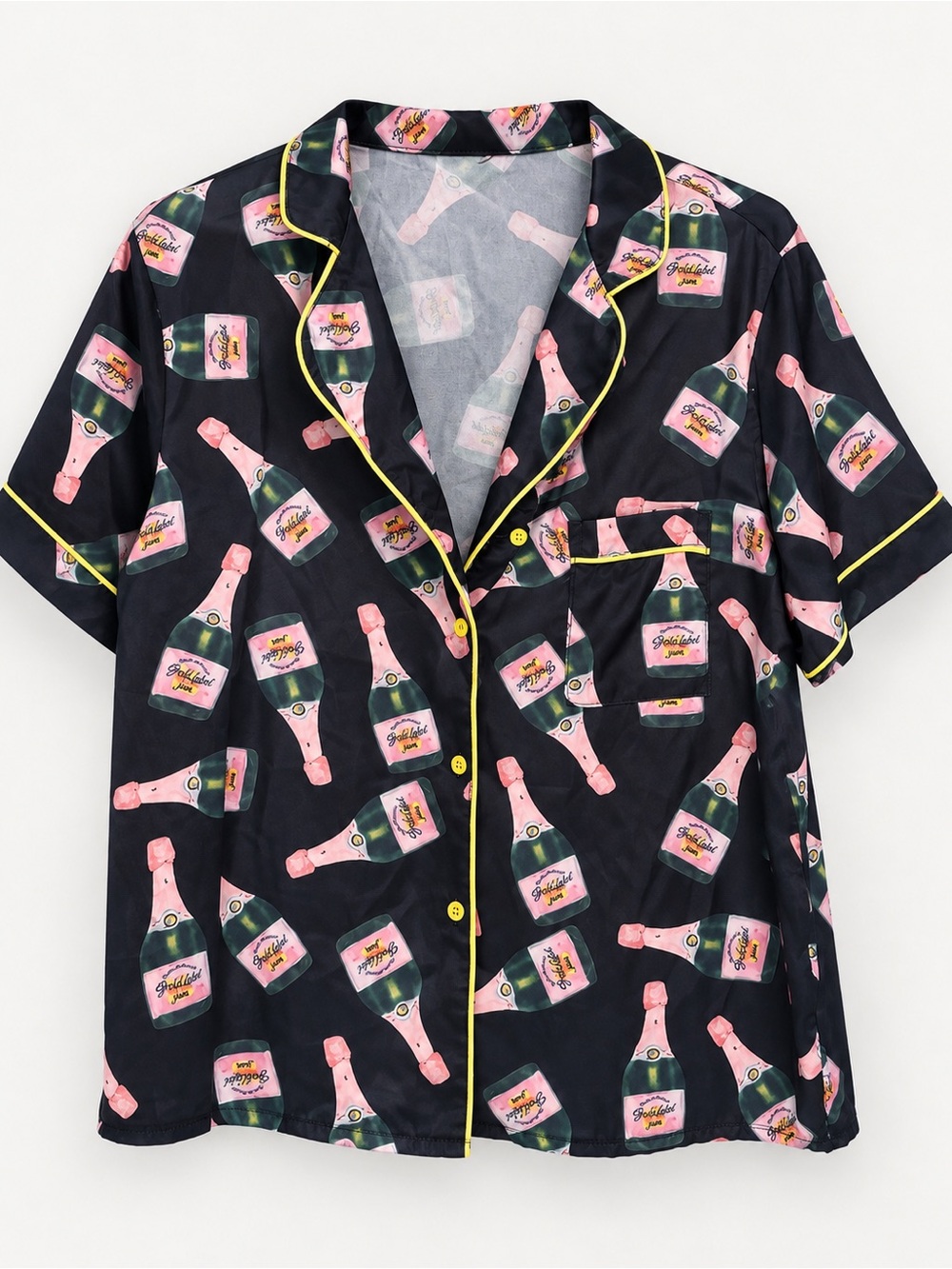 Champagne Bottle Print Satin Pajama Shirt Size L Black Pink Y2K Party Top